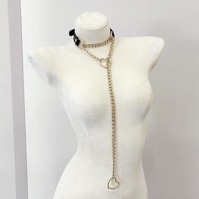 Black Leather Choker Collar For Women, Handmade Heart Slip Chain Choker Long Necklace with Adjustable Buckle