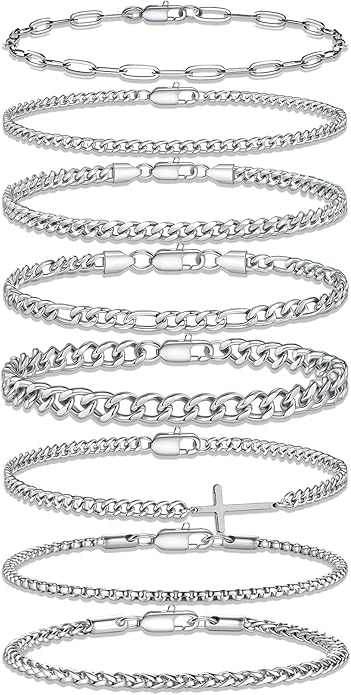 Yoosteel Mens Bracelets - Silver Chain Bracelet Stainless Steel Cuban Link Stack Bracelets Sturdy Rope Paperclip Chains Set 7.5/8.3/9 inches Trendy Jewelry for Men