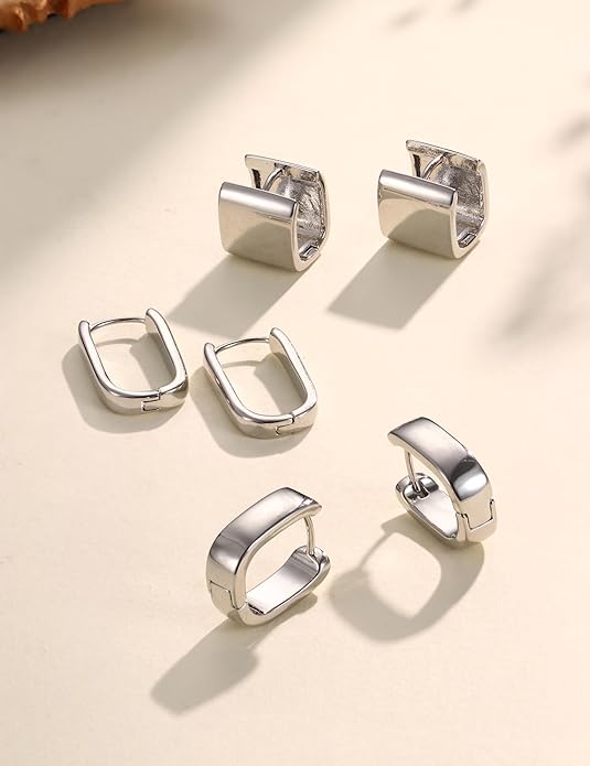 Florideco 3Pairs Chunky Gold Earrings Set 14K Gold Plated Hoop Earrings for Women Trendy Small Thick Huggie Hoops Earring Lightweight Silver Hoop Earring Sets for Multiple Piercing
