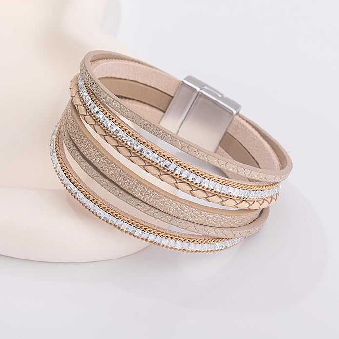 FANCY SHINY Boho Leather Wrap Bracelets Trendy Layered Bracelets with Magnetic Clasp Strackable Bohemian Jewelry Gifts for Women