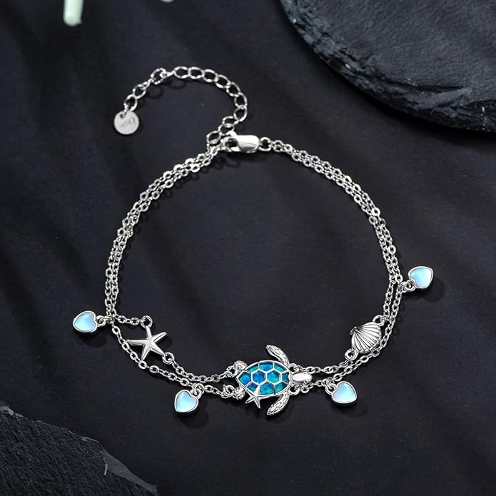 Sea Turtle/Dolphin/Starfish/Seashell/Compass Bracelet for Women 925 Sterling Silver Ocean Wave Anklet Summer Hawaiian Jewelry Gift for Her