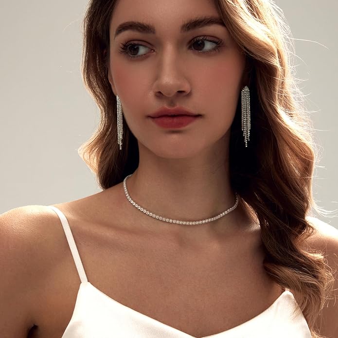 Tennis Necklace Bracelet for Women, Sterling Sliver, Dainty Chocker Necklace, Crystal Bracelet for Women, Wedding Jewelry for Bride, Sparkly Party Prom Hypoallergenic