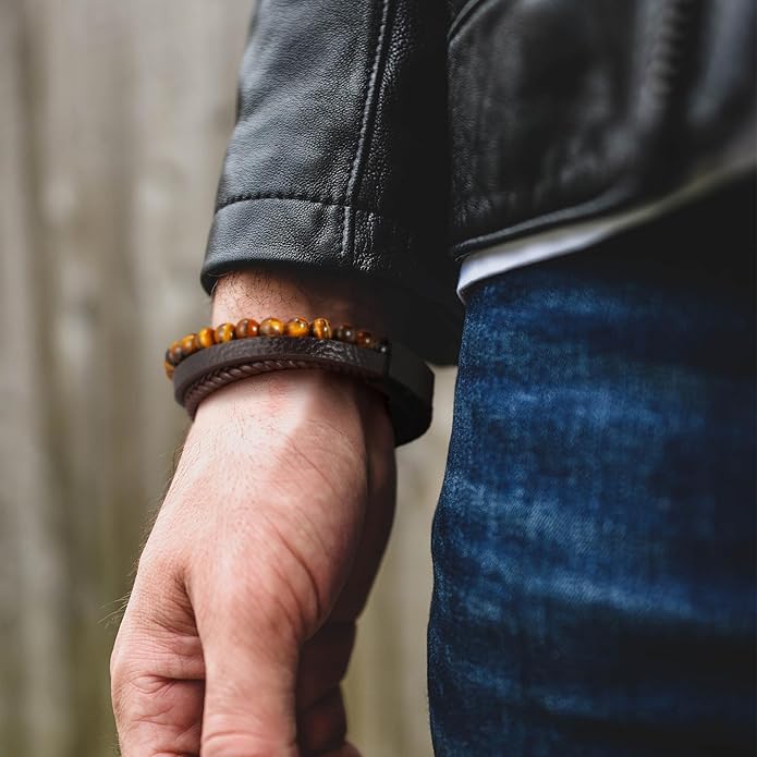 Gifts for Men - Layered Leather Beads Bracelet, Tiger Eye Lava Rock Stone Braided Leather Bracelets for Men Adjustable Magnetic Clasp Birthday Gifts