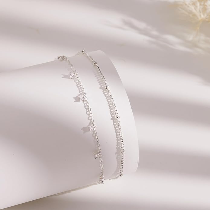Sterling Silver Anklet Bracelets for Women Waterproof, 925 Sliver Plated CZ & Heart Charm Dainty Layer Anklets for Women Trendy, Simple Chain Anklets Set Gifts for Women, Jewelry Gifts for Her Women Mom Wife Girlfriend