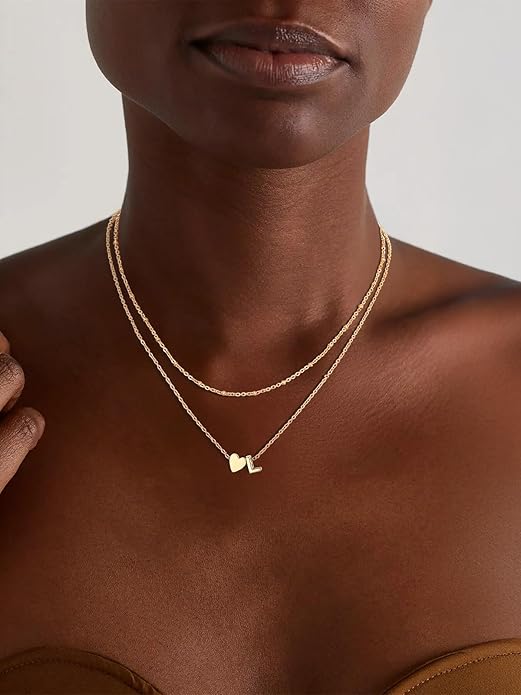 FOCALOOK Layered Initial Necklace for Women, 14K Gold Plated Choker Necklaces Stacks with Initial A-Z, Dainty Silver Heart Pendant Necklace Personalized Birthday Women Jewelry
