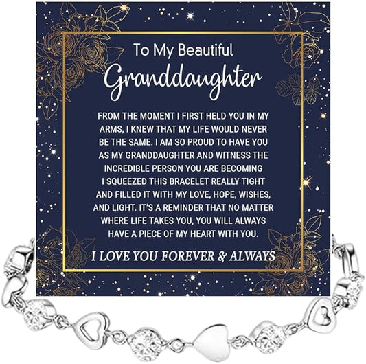 To My Granddaughter Heart Bracelet, Meaningful Jewelry Gift, Bracelet For Granddaughter from Grandma Grandpa with Message Card and Box on Christmas, Birthday, Graduation, Bracelets For Women
