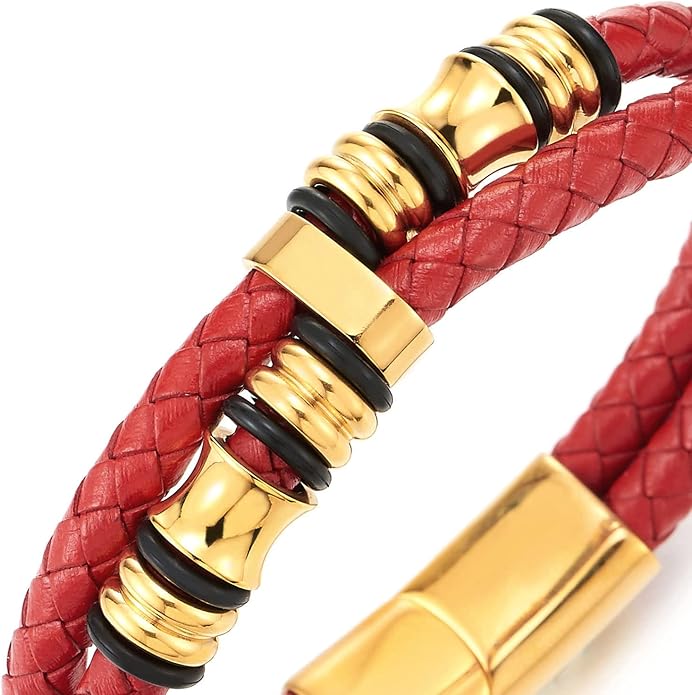 COOLSTEELANDBEYOND Mens Double-Row Braided Leather Bracelet Bangle Wristband with Stainless Steel Ornaments