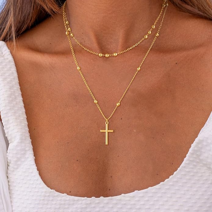 Cross Necklace for Women Dainty 14K Real Silver Gold Plated Layered Cross Pendant Necklace Stack Simple Trendy Cute Charm Choker Necklaces Jewelry Gift for Women Teen Her