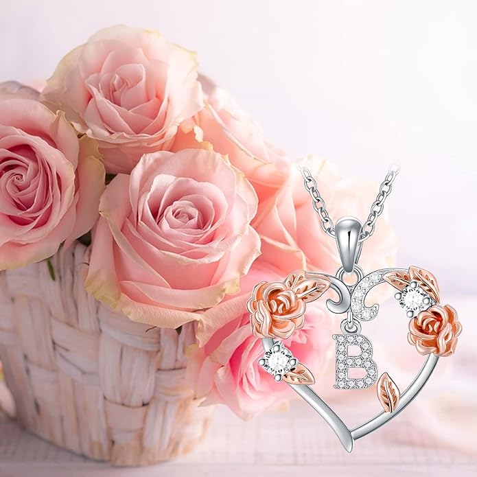 AOBOCO Rose Heart Necklaces Valentines Gifts for Women, 925 Sterling Silver Rose Love Heart Initial Letter Pendant Necklace Jewelry Mothers Day Christmas Birthday Gifts for Her Mom Wife Girlfriend