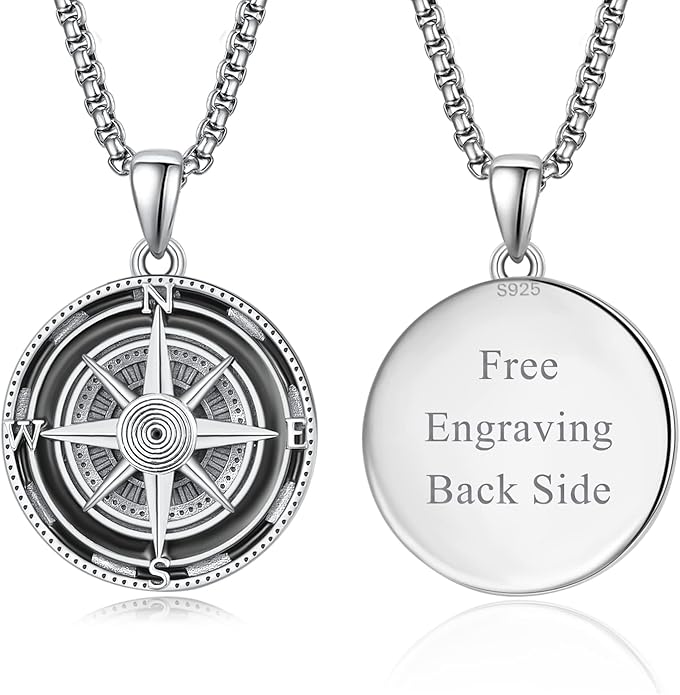 KINGWHYTE Compass Necklace for Men 925 Sterling Silver Birthday Gifts Graduation Travel Jewelry for Husband Brother with Stainless Steel Chain