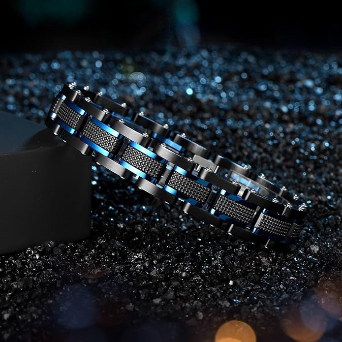 Holizaly Men's Stainless Steel Two Tone Square Link Bracelet, Black and Blue Ion Plated Black
