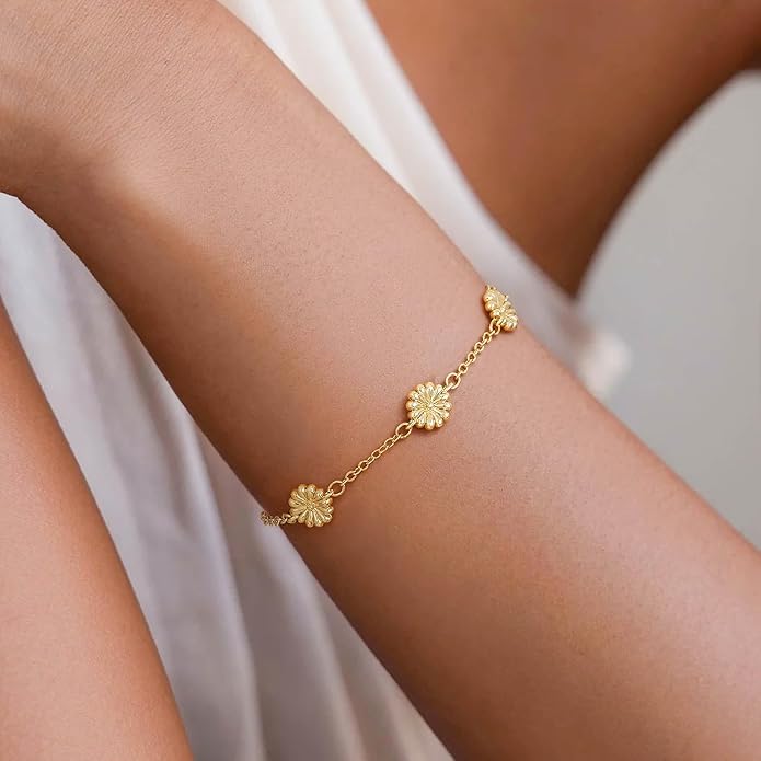 Gold Bracelets for Women,14K Dainty Gold Plated Bracelets Non Tarnish Waterproof Diamond Bracelets Heart Flower Round Square CZ Charm Bracelet Trendy Stuff Jewelry Gifts for Her