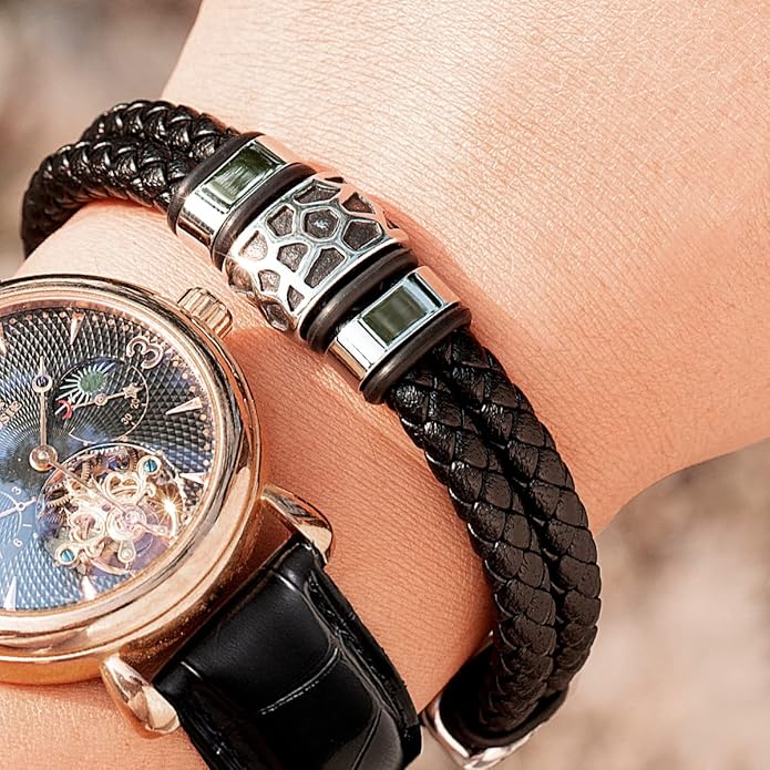 Mens Leather Bracelet Premium Leather Braided Bracelet Stainless Steel Jewelry Gift Accessories Men's Bracelet