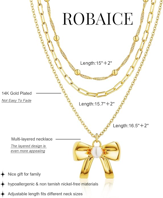 Layered Necklace for Women 14K Gold Plated Dainty Paperclip Herringbone Pearl Cross Pendant Necklace Stack，Layering Chain Cuban Figaro Rope Chain Choker Trendy Gold Jewelry Gift