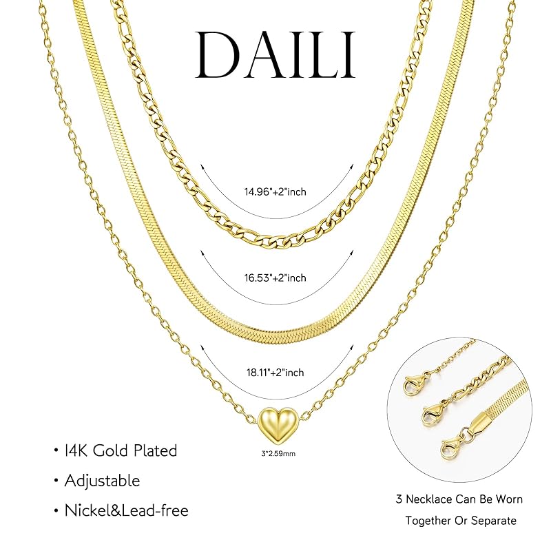 Layered Necklaces for Women,14k Gold Plated Dainty Necklace Stack Set,Non Tarnish Adjustable Stainless Steel Heart Pendant Paperclip Choker Herringbone Snake Chain Jewelry
