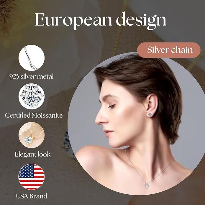925 Sterling Silver Moissanite Jewelry Set - Classic European Design Necklace Earrings Set with Round Cut Moissanite Pendant - Adjustable Chain - Gift Box
