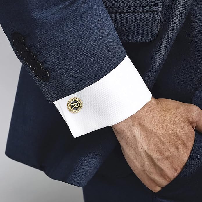 HAWSON A-Z Initial Cufflinks for Men and Women with Clear Crystal, Gold Silver Color Rasied Letter A-Z Cuff Links for French Shirt, Gift for Normal and Business Wearing