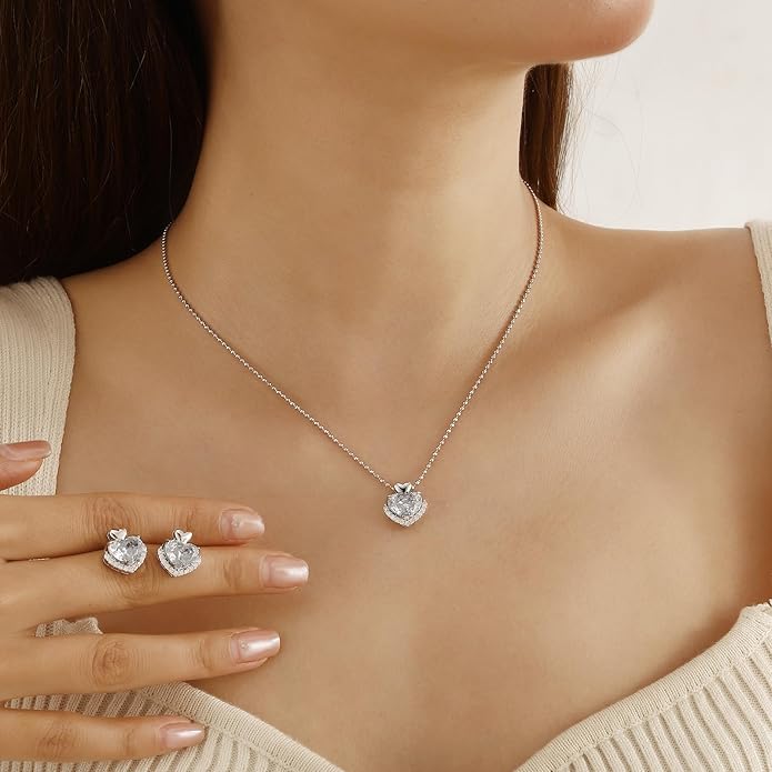 Ydou Love Heart Necklaces and Earrings with Rose Cut Birthstone Silver Plated Elegant Jewelry Set for Women CS0002
