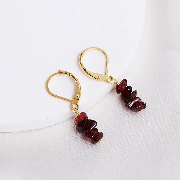 Gempires Red Garnet Crystal Dangle Earrings January Birthstone Gemstone Jewelry Hypoallergenic Gold Plated Lightweight Leverback Earrings For Women