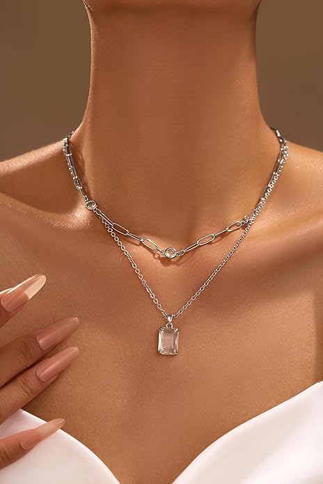 Gold Layered Pendant Necklaces for Women 14k Gold Plated Crystal Choker Necklace Paperclip Rhinestone Necklace Party Prom Jewelry