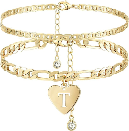 YANODA Initial Ankle Bracelets for Women, Layered Gold Anklets for Women 14k Real Gold Filled Figaro Letter Anklets for women waterproof Summer Jewelry Personalized Gifts for Women
