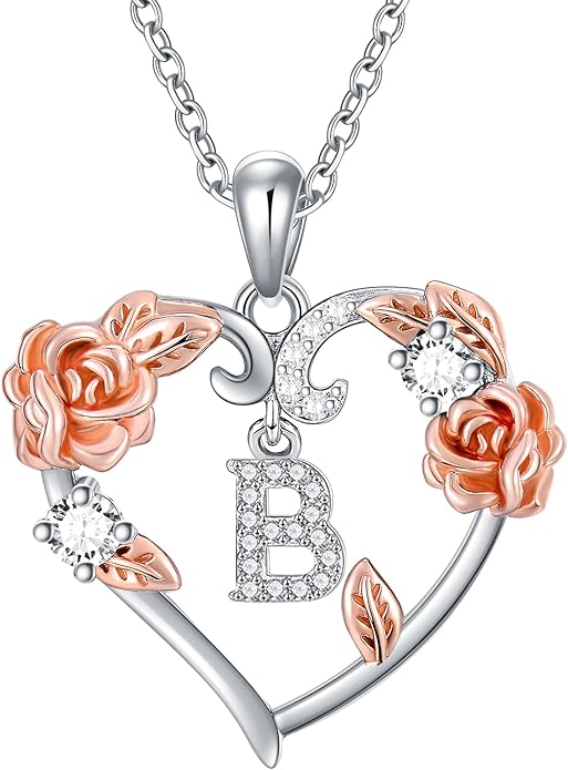 AOBOCO Rose Heart Necklaces Valentines Gifts for Women, 925 Sterling Silver Rose Love Heart Initial Letter Pendant Necklace Jewelry Mothers Day Christmas Birthday Gifts for Her Mom Wife Girlfriend
