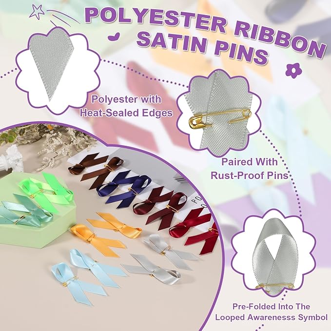 PATIKIL 50 Pcs Polyester Ribbon Satin Pins, Satin Ribbon with Safety Pins for Charity Public Social Event Party Clothing Decoration Anniversary, Light Silver