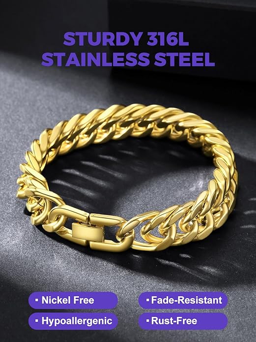 Richsteel Cuban Link Chain Bracelets 8/12/17mm Width Stainless Steel Chain Wrist Bracelets for Men, 7.4/8.2/9 Inch Length Classic Jewelry for Christmas/Valentine's Day/Birthday
