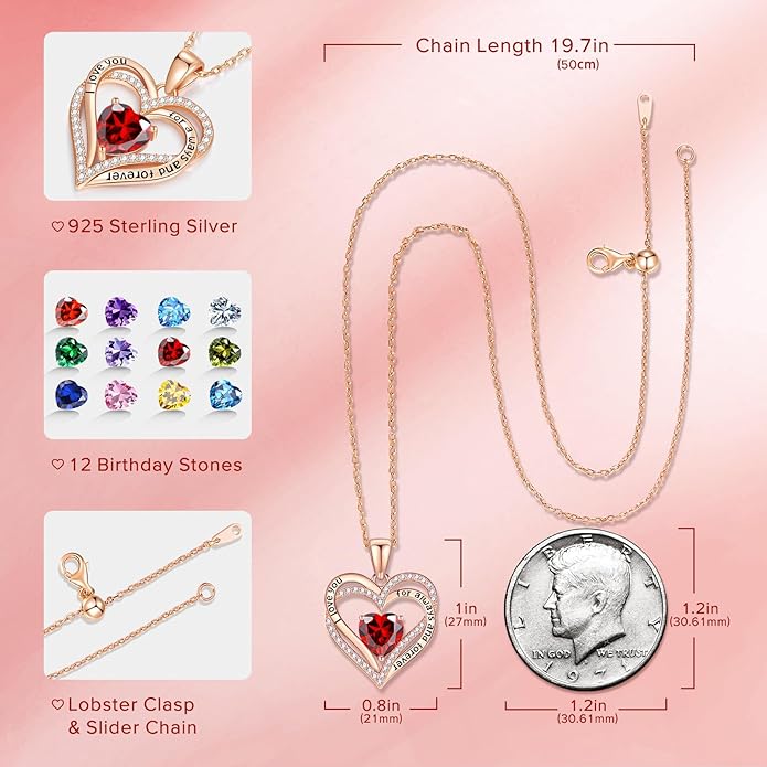 Vakki Birthstone Jewelry for Women Pendant Necklace 925 Sterling Silver Heart Necklace Birthday Gifts for Wife Daughter Girlfriend