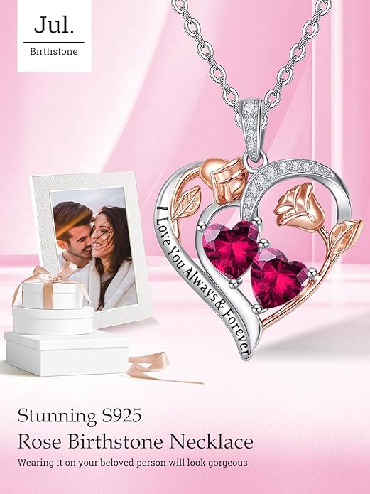 Zeuslia Double Birthstone Necklace Gifts for Wife - 925 Sterling Silver Sunflower/Rose/Crown Cross/Compass/Heart Pendant I Love You Necklace, Anniversary Birthday Gifts for Wife Girlfriend Mom Her
