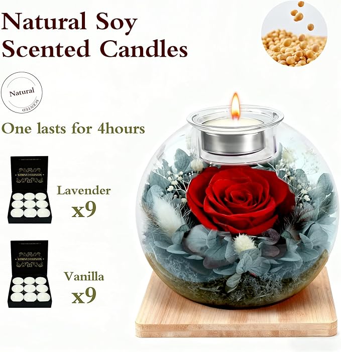 Forever Real Roses in Glass with Scented Candle, Christmas Gift Ideas Preserved Flower Christmas Gifts for Women Her Girlfriend Wife Mom on Valentines Birthday Anniversary Red