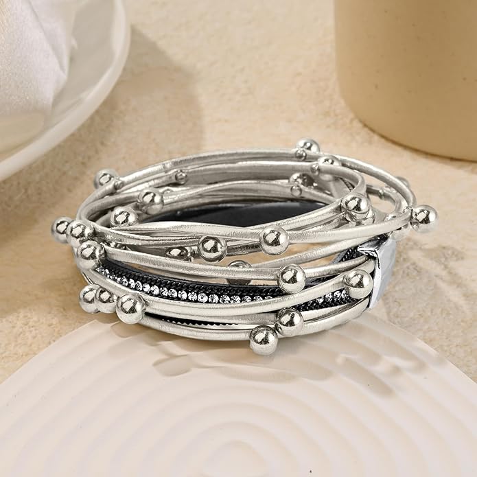 ENGCKSHI Wrapped Bracelets for Women,Leather Bracelet,Boho Bracelets for Women,Multi-Layer Pearl Crystal Bracelet Bangle Jewelry