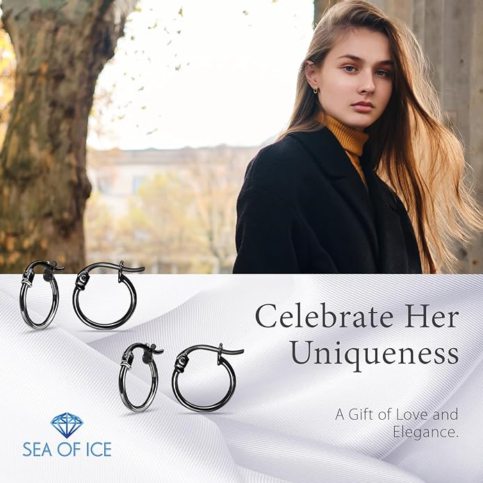 SEA OF ICE 925 Sterling Silver Hoop Earrings for Women - Hypoallergenic Earrings for Women in Sterling Silver, Yellow Gold, Rose Gold or Black Rhodium | Sizes 12MM, 15MM, 20MM or Multipack