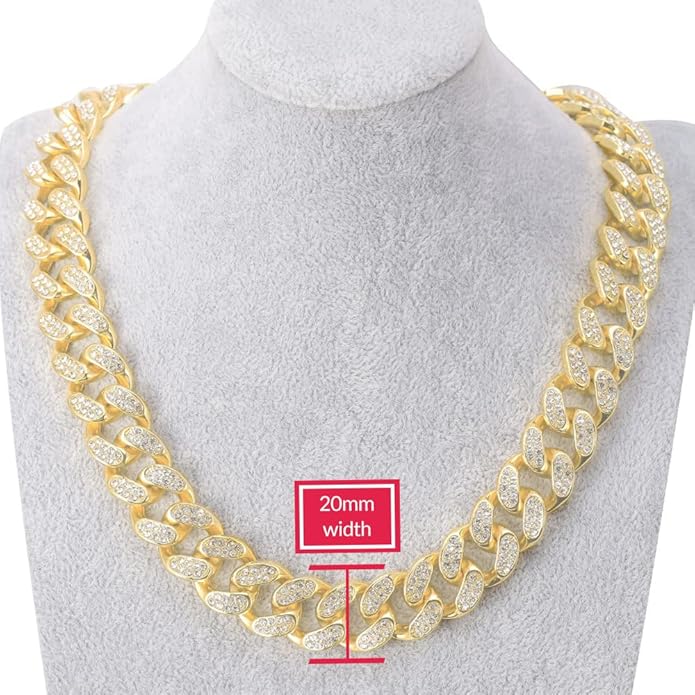 EMESLY Miami Cuban Link Chain 14K Gold Plated Necklace (16, 18, 20, 22, 24, 30 Inches Length); Hip Hop Bracelet (8" Length) for Men & Women; Perfect Iced Out Bling Jewelry Gift