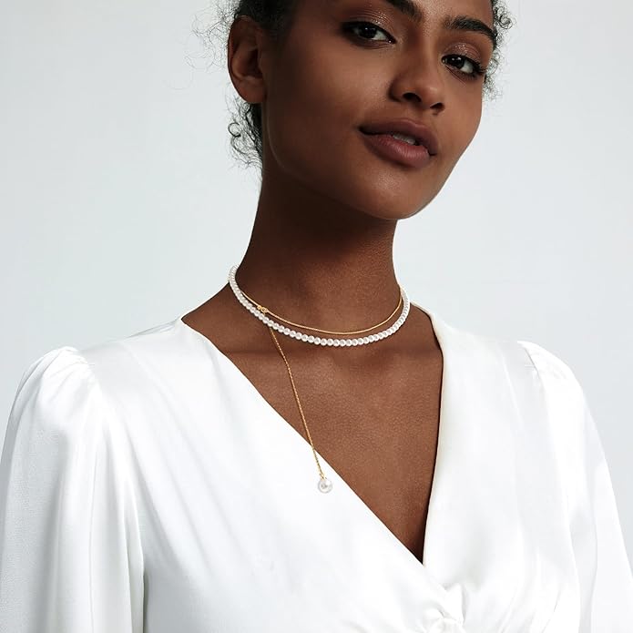 Zeffy Gold Pearl Necklace for Women, Dainty 14K Gold/Silve Plated Layered Pearl Choker Pearl Earrings Pearl Bracelets Wedding Trendy Gold Jewelry Set for Women Gifts