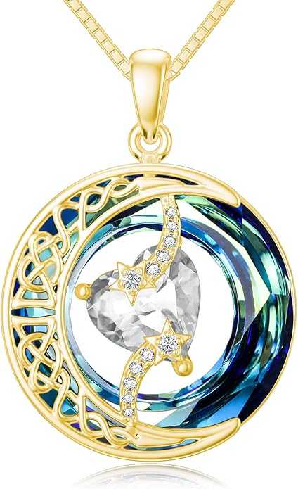 TOUPOP Christmas Gifts Birthstone Necklace 925 Sterling Silver Moon and Star Pendant with Blue Crystal Celtic Moon Jewelry Birthday Gifts for Women Mom Wife Her Daughter