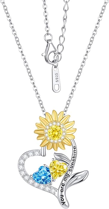 PERJI Valentine's Day Gifts for Women - 925 Sterling Silver Double Birthstone Sunflower Necklace, Anniversary Birthday Jewelry You are My Sunshine Gifts for Wife Couple Girlfriend 18"+2" Non Tarnish
