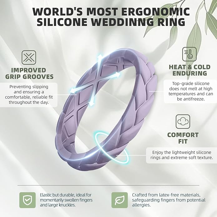 Egnaro Women's Silicone Stackable Rings 3.5mm Wide 2mm Thick, Rubber Flexible Hypoallergenic Wedding Bands For Workout Leaf Braided Fashion
