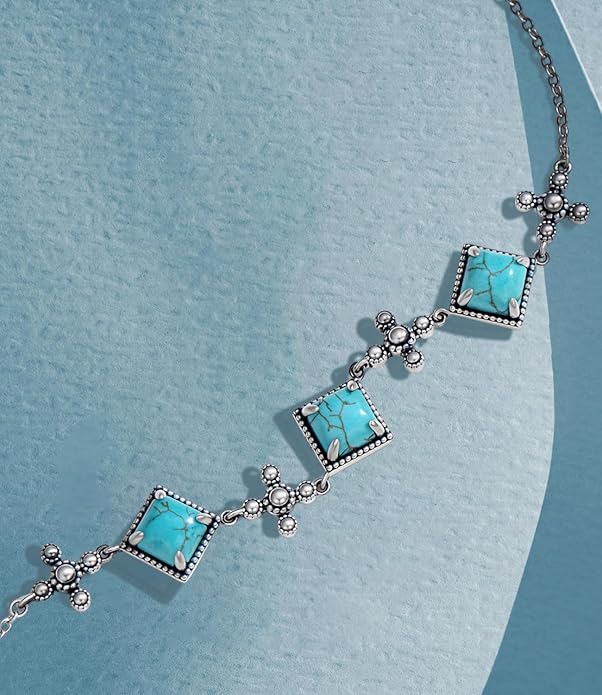 Genuine Square Turquoise Bracelets for Women 925 Sterling Silver Adjustable Real Gemstone Southwest Boho Cross Jewelry for Her 6 to 8 Inch