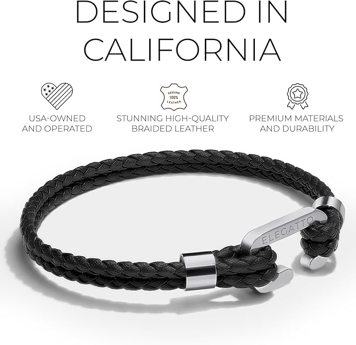 Elegatto Helix Premium Vintage Leather Bracelet for Men | Double Black Leather Strands with Sterling Silver Polished Mini Shackle Closure | Men’s Designer Jewelry