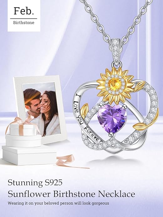 Zeuslia Double Birthstone Necklace Gifts for Wife - 925 Sterling Silver Sunflower/Rose/Crown Cross/Compass/Heart Pendant I Love You Necklace, Anniversary Birthday Gifts for Wife Girlfriend Mom Her