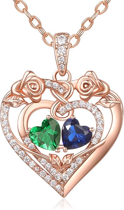 JIYVY32 Rose Heart Necklace for Women Exquisite 925 Sterling Silver Anniversary Birthday Gifts for Wife Mom Her Double Birthstone Pendant Jewelry