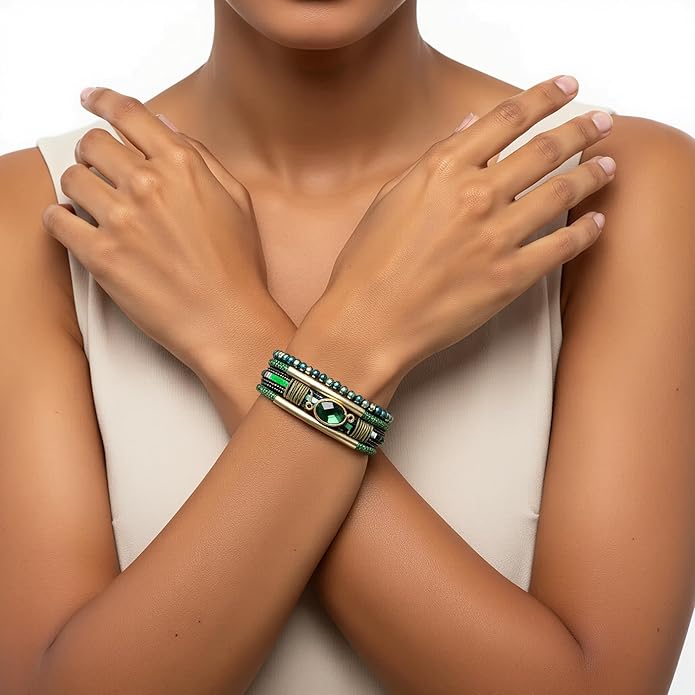 Edoneery Leather Wrap Bracelet for Women, Boho Handmade Multi-Layer Cuff with Crystal Beads Heart, Stackable Bangle Western Jewelry Gift