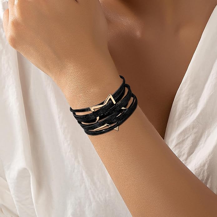 Fesciory Leopard Bracelet for Women, Boho Leather Wrap Multi-Layer Pearl Crystal Bracelet Bangle Jewelry