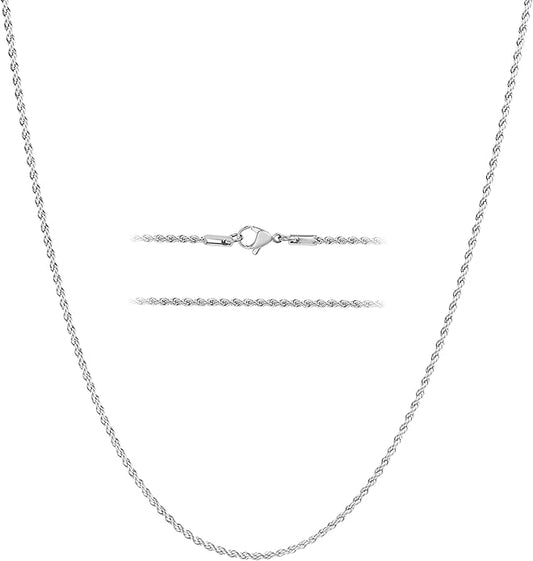 KISPER 24k White Gold Rope Chain Necklace –Thin, Dainty, White Gold Plated Stainless Steel Jewelry for Women & Men with Lobster Clasp