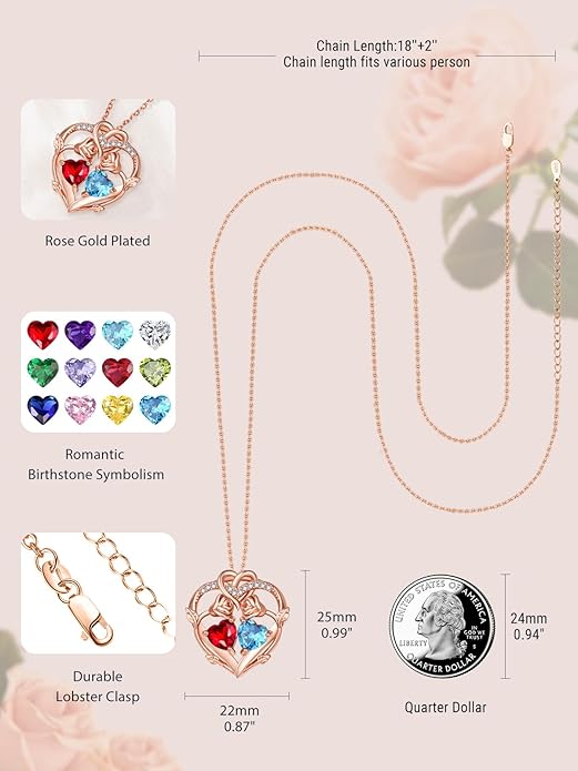 Rose Gold Necklaces for Women Double Birthstone Rose Flower Heart Pendant Necklace Jewelry Anniversary Christmas Valentine's Mother's Day Birthday Gift for Wife Mom Her Girlfriend Sister