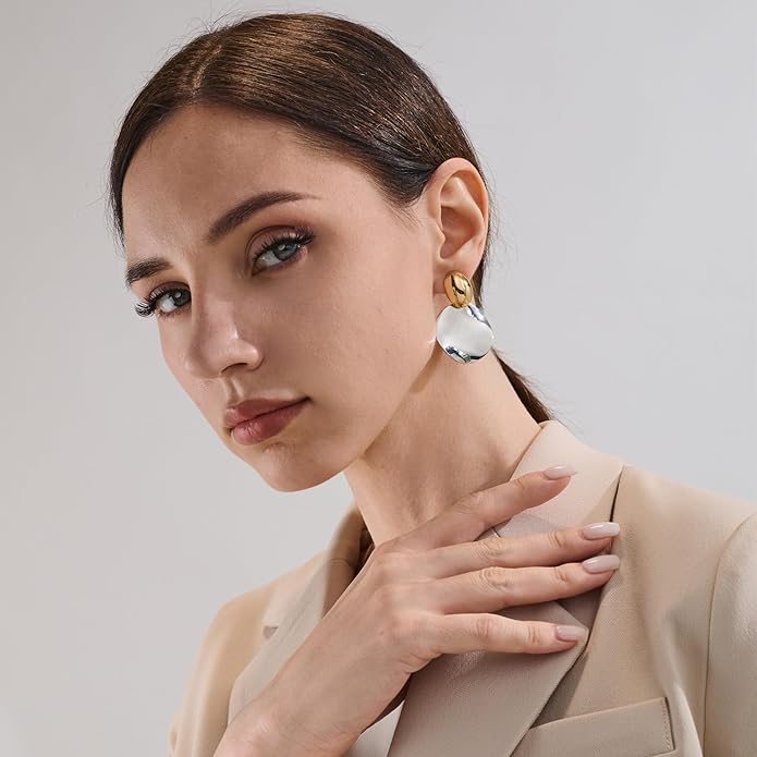 FAMARINE Big Disc Drop Earrings Gold Dangle Earrings Round Hammered Earrings Women