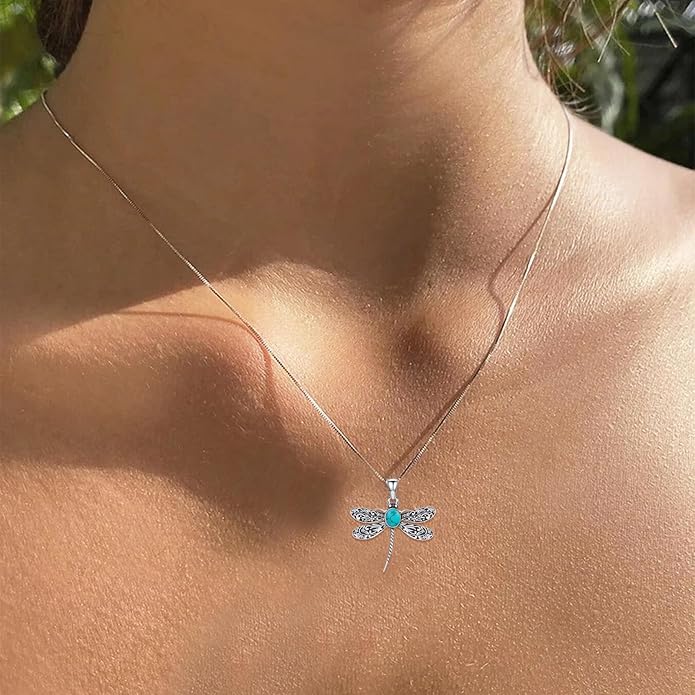 Vintage Dragonfly Necklace for Women 925 Sterling Silver, Oval Birthstone Dragonfly Pendant Boho Jewelry Birthday Gift for Her, Mom, Grandma