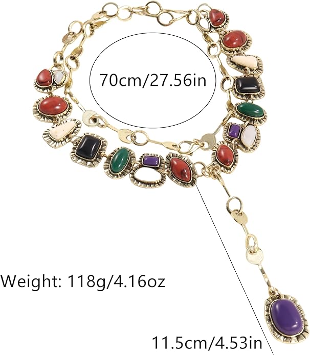 Vintage Bohemia Necklace Golden Charm Gemstone Necklace for Women Long Pendant Jewelry