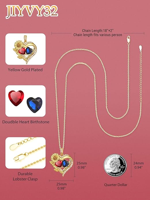 Sunflower Heart Necklace for Women 14K Gold Exquisite Anniversary Birthday Gifts for Wife Mother Her Double Birthstone Pendant jewelry‘You Are My Sunshine’